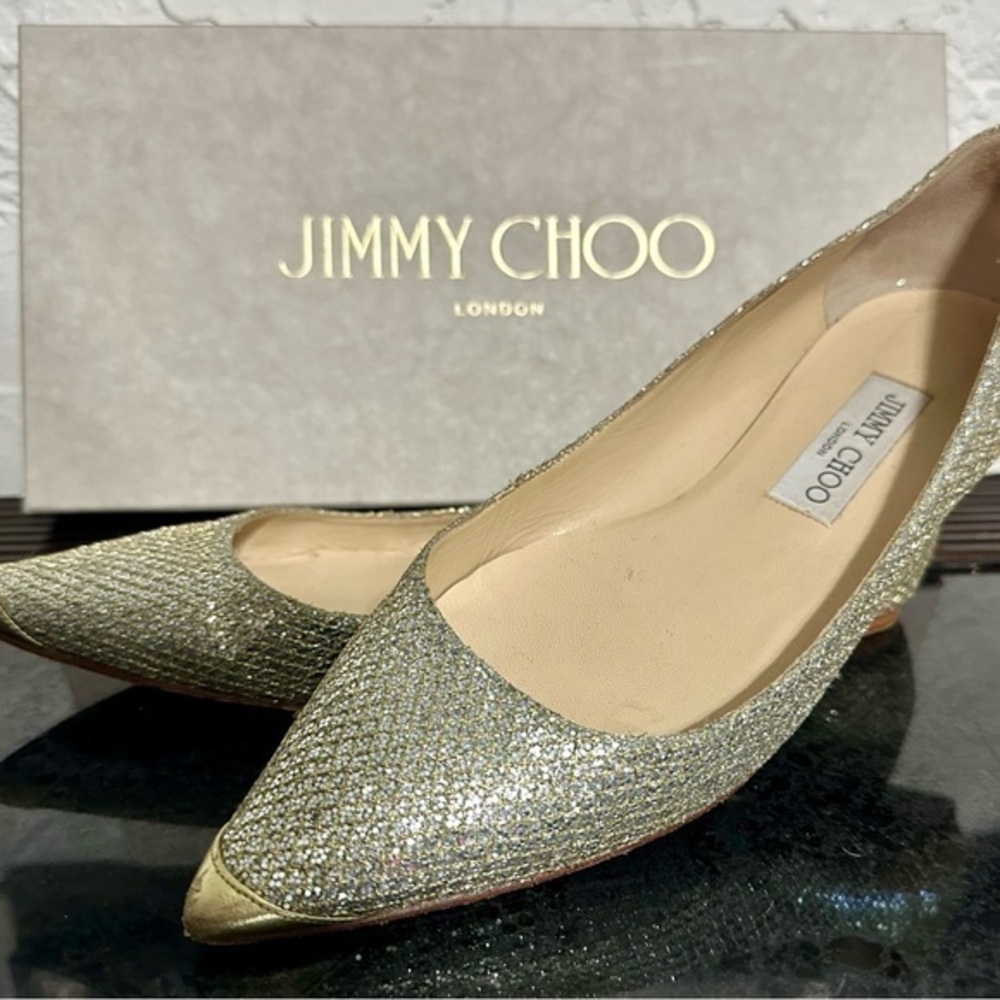 Jimmy Choo “Alina” champagne metallic glitter pointed toe flat 39.5